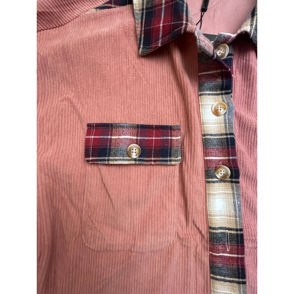 Zeagoo Womens XXL Pink Corduroy Plaid Colorblock Button Down Shirt Shacket NWT - Picture 5 of 11